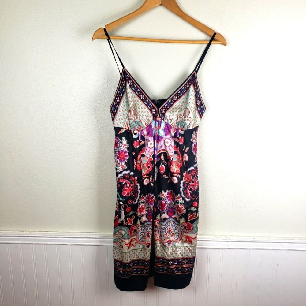 Women's Sik lECI Spring Floral Paisley Spaghetti Strap Satin Short Dress Sz 6 Sm